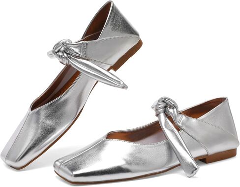 Silver Bow Ballet Flats Shoes for Women Bow Tie Slip On Mary Jane Flats Square Toe Casual Dress Ballerina Shoes in Saudi Arabia