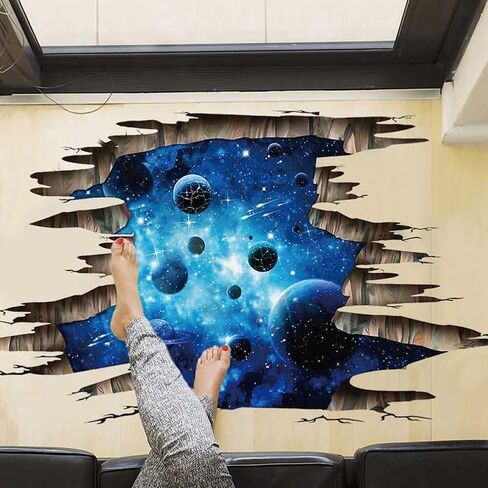 3D Space Floor Sticker,Blue Galaxy Wall Decal-Removable Mural for Kids Bedroom Living Room Milky Way Decorations in Kuwait