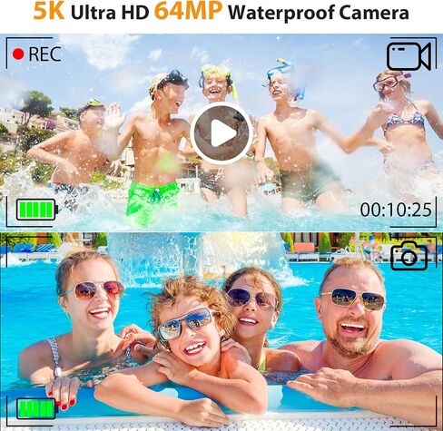 كاميرا تحت الماء بدقة 5K بدقة 64 ميجابكسل، وكاميرا رقمية مقاومة للماء بطول 16 قدمًا مع شاشة سيلفي UHD مزدوجة، وكاميرا رقمية تحت الماء للغطس مع واي فاي، وتكبير رقمي 16X، وبطاقة مايكرو 32 جيجابايت وبطارية 1200 مللي أمبير في الساعة in Kuwait