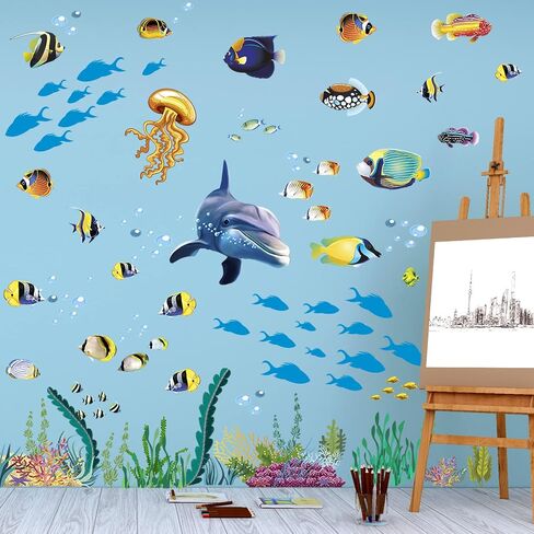 Removable Creative DIY 3D The World Under Sea Wall Decals for Kids Room Bedroom Nursery Room Cute Fish Blue Dolphin Seagrass Coral Wall Art Decor Decal Stickers for Window Bathroom Classroom in Kuwait