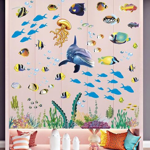 Removable Creative DIY 3D The World Under Sea Wall Decals for Kids Room Bedroom Nursery Room Cute Fish Blue Dolphin Seagrass Coral Wall Art Decor Decal Stickers for Window Bathroom Classroom in Kuwait