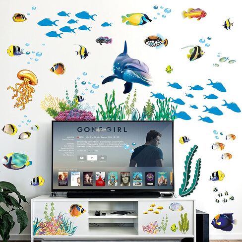 Removable Creative DIY 3D The World Under Sea Wall Decals for Kids Room Bedroom Nursery Room Cute Fish Blue Dolphin Seagrass Coral Wall Art Decor Decal Stickers for Window Bathroom Classroom in Kuwait