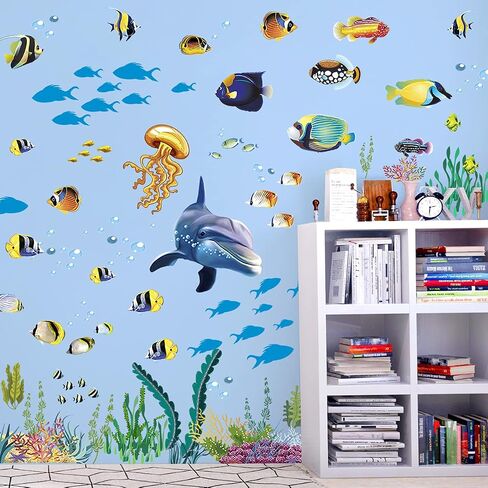 Removable Creative DIY 3D The World Under Sea Wall Decals for Kids Room Bedroom Nursery Room Cute Fish Blue Dolphin Seagrass Coral Wall Art Decor Decal Stickers for Window Bathroom Classroom in Kuwait