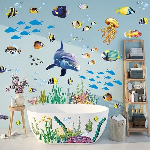 Removable Creative DIY 3D The World Under Sea Wall Decals for Kids Room Bedroom Nursery Room Cute Fish Blue Dolphin Seagrass Coral Wall Art Decor Decal Stickers for Window Bathroom Classroom in Kuwait
