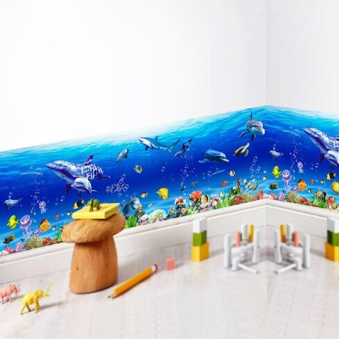 Removable Creative DIY 3D The World Under Sea Wall Decals for Kids Room Bedroom Nursery Room Cute Fish Blue Dolphin Seagrass Coral Wall Art Decor Decal Stickers for Window Bathroom Classroom in Kuwait
