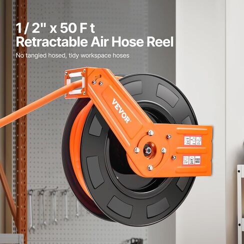 VEVOR Retractable Air Hose Reel, 1/2 IN x 50 FT Hybrid Air Hose Max 300PSI, Air Compressor Hose Reel Auto-Rewind with 5FT Lead in, Ceiling/Wall Mount Heavy Duty Single Arm Steel Reel, 1/2" NPT Fitting in Saudi Arabia