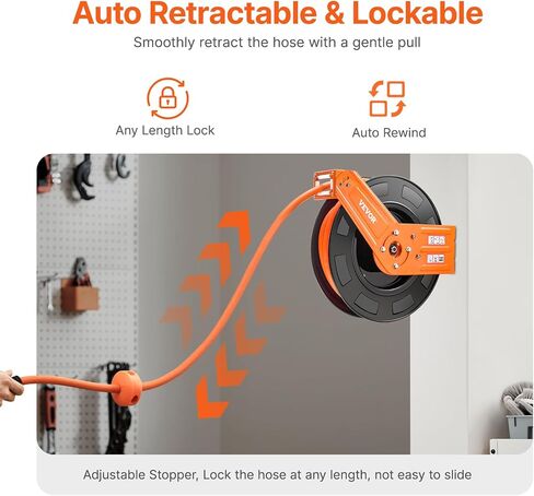 VEVOR Retractable Air Hose Reel, 1/2 IN x 50 FT Hybrid Air Hose Max 300PSI, Air Compressor Hose Reel Auto-Rewind with 5FT Lead in, Ceiling/Wall Mount Heavy Duty Single Arm Steel Reel, 1/2" NPT Fitting in Saudi Arabia