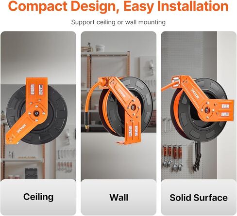 VEVOR Retractable Air Hose Reel, 1/2 IN x 50 FT Hybrid Air Hose Max 300PSI, Air Compressor Hose Reel Auto-Rewind with 5FT Lead in, Ceiling/Wall Mount Heavy Duty Single Arm Steel Reel, 1/2" NPT Fitting in Saudi Arabia
