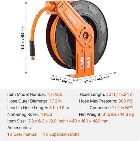 VEVOR Retractable Air Hose Reel, 1/2 IN x 50 FT Hybrid Air Hose Max 300PSI, Air Compressor Hose Reel Auto-Rewind with 5FT Lead in, Ceiling/Wall Mount Heavy Duty Single Arm Steel Reel, 1/2" NPT Fitting in Saudi Arabia