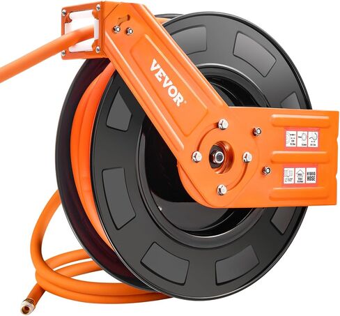 VEVOR Retractable Air Hose Reel, 1/2 IN x 50 FT Hybrid Air Hose Max 300PSI, Air Compressor Hose Reel Auto-Rewind with 5FT Lead in, Ceiling/Wall Mount Heavy Duty Single Arm Steel Reel, 1/2" NPT Fitting in Saudi Arabia