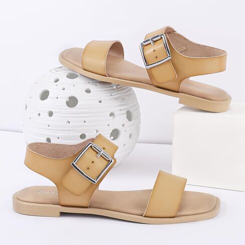 FITORY Women's Flat Sandals Fashion Square Open Toe Ankle Buckle Slippers Summer in Saudi Arabia
