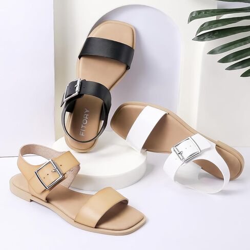 FITORY Women's Flat Sandals Fashion Square Open Toe Ankle Buckle Slippers Summer in Saudi Arabia