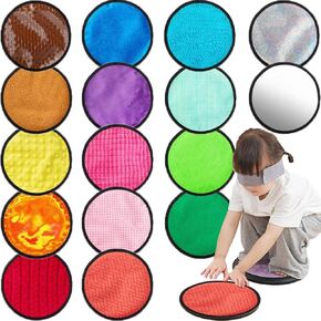 16 Set Sensory Mats, Mixed Colors Sensory Toys for Kids, Tactile Wall Panel for Autistic Children, Assorted Textured Floor Tiles Educational Learning Room Provide Fun Play Equipment (Round, 8.3 Inch)