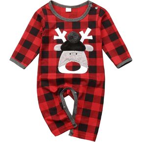 Newborn Infant Baby Christmas Outfit Boy Girl Reindeer Romper Red Plaid One-Piece Romper Size 0-18 Months