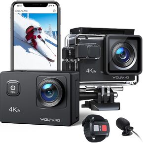 WOLFANG GA100 Action Camera 4K 20MP Waterproof 40M Underwater Camera EIS Stabilization WiFi 170° Wide Angle Helmet Camera with External Microphone, Remote Control, 2 Batteries and Accessory Kit