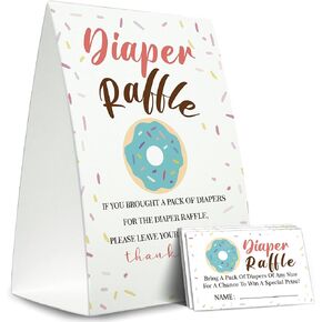 Diaper Raffle Sign,Diaper Raffle Baby Shower Game Kit (1 Standing Sign + 50 Guessing Cards),Donut Raffle Insert Ticket,Baby Showers Decorations,Card for Baby Shower Game to Bring a Pack of Diapers-N14