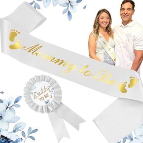 Mom to Be Sash & Dad to Be Badge, Blue Baby Shower Decorations Mom to Be Sash Baby Shower Sash Corsage Set for Pregnant Mommy Baby Shower Party Decorations