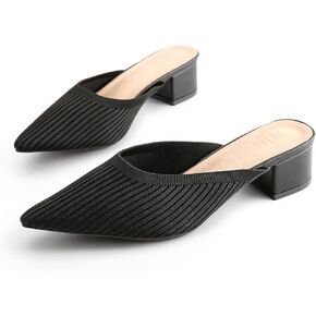 TIJN Heels,Pointed Toe Mules for Momen with Low Heel, Breathable Mesh Knit Slip On Flat Sandals,Helka