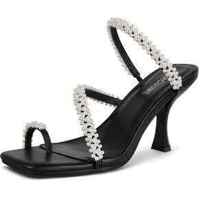Carcuume Women's Square Toe Heeled Sandals Strappy Kitten Heels