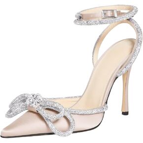 MIRAAZZURRA Women High Heeled Sandals Satin Sparkly Rhinestone Double Bow Sandals Pointy Toe Stiletto
