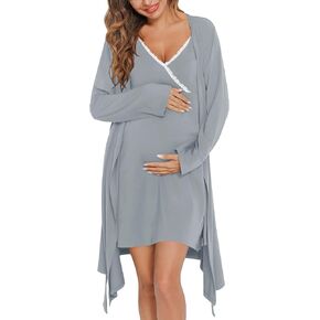 SWOMOG Womens Maternity Robe 2 Piece Nursing Nightgown for Breastfeeding 3 in 1 Labor Delivery Nursing Dress Lace Bathrobe