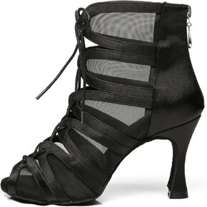 Women's Ballroom Ankle Dance Boots Lace-up Open-Toe Practice Latin Salsa Dance Shoes,Model YC-L444-Suede Sole-3.33" Heel