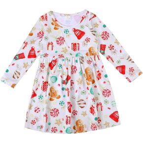 Christmas Toddler Girls Santa Claus Dress Snowman Print Dresses Long Sleeve Winter Clothes 2-8Y