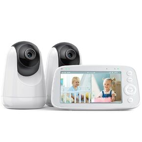 HiPP No WiFi Video Baby Monitor, 5" 720P HD Split-Screen Baby Monitor with 2 Camera and Audio, Infrared Night Vision, 2X Zoom, 900ft Long Range, 4500mAh Battery, 2 Way Audio Talk, White