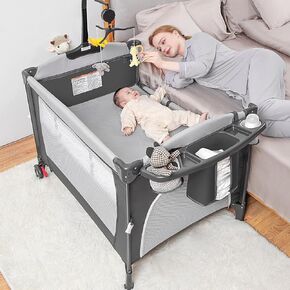 Baby Bassinet 5-in-1 Pack and Play Portable Crib for Baby Bed,Multifunction Bedside Crib from Newborn to Toddlers,Pack n Play,U-Shaped Diaper Changer,Playard,Safety Strap,Carry Bag