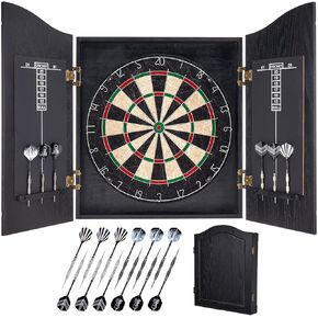 Sisal Dart Board Cabinet Sets, Decorative Dart Boards for Adults [12*Steel Darts] - Wooden Dartboard Cabinet with Integrated Scoreboard for Family Game Rooms [Black]