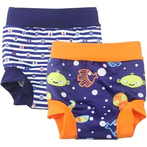 Leideur Baby Swim Nappies for Kids Cover Diaper High-Waisted Swimming Shorts (2-3 Years, Blue (Fish))