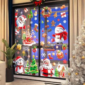 Christmas Decorations 3D Static Window Stickers Christmas Window Clings Window Glass Door Christmas Decoration Stickers Self-Adhesive Reusable Christmas Window Decals Double Sided 72pcs