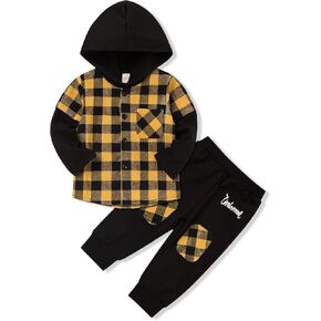 Fuermos Toddler Boy Outfit Boy Clothes Hooded Plaid Sweatshirt Pants Fall Clothes Kid Boy Outfit
