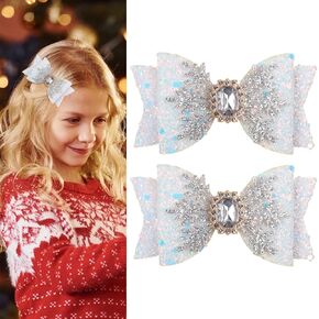 Snowflakes Bow Hair Clips Christmas Hair Bow Clip Sliver Snowflakes with White Crystal Design Toddler Hair Accessories Sparkling Sequin Bow Hair Clip for Girls Teens Women-2PCS (White)
