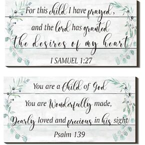 2 Pcs Wood Nursery Wall Decor for Girls Boys Baby Girl Room Decor for Nursery Christian Nursery Wall Art This Child I Have Prayed Bible Quote Wall Hanging Sign for Kids Home 12 x 6 Inch (Cute)