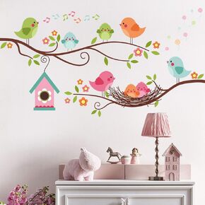 DILIBRA Hummingbird on The Tree Branch Wall Sticker, Green Leaf and Flying Bird DIY Art Vinyl Wall Decal, Self-Adhesive Wall Decoration for Garden Living Room Bedroom Kitchen Playroom Nursery Room