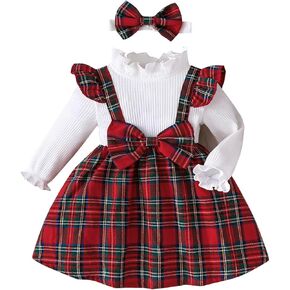 Noubeau Christmas Toddler Girl Plaid Dress Long Sleeve Bow Patchwork Rib Ruffled Shirts Dress Baby Xmas Outfit