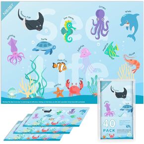 Disposable Stick-On Placemats for Baby & Kids 40-Pack, Restaurant Table Mats, Self-Adhesive Place Mats Learning Alphabet Ocean Animal, Toddler Educational Placemats for Dining, 12 x 17.5 Inch