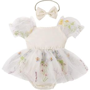 ODASDO Dresses for Baby Girls Birthday Party Newborn Princess Romper Flower Embroidery Short Sleeve Sundress with Headband