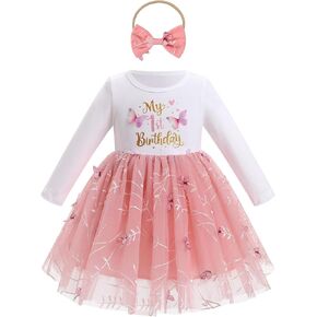 ODASDO Baby Girls First Birthday Outfit Cotton Long Sleeve Tulle Tutu Princess Dress with Bowknot Headband Set in Kuwait
