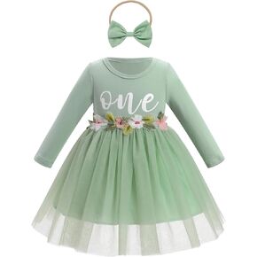 ODASDO Baby Girls First Birthday Outfit Cotton Long Sleeve Tulle Tutu Princess Dress with Bowknot Headband Set