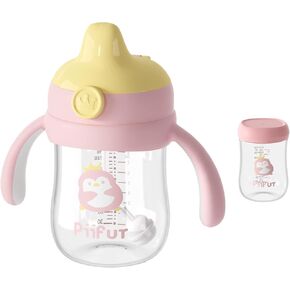 Tritan Sippy Cup with Storage Lid for 6-18 Months Leak Proof, Weighted Straw Learner Cup with Handle for Baby 8 Ounce (Pink)