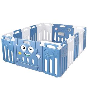 Costzon Foldable Baby Playpen, 14-Panel Play Yards with Lock Door & Anti-Slip Rubber Bases, Indoor Outdoor Safety Baby Fence with Adjustable Shape for Children Toddlers (14 Panel, Blue + White)