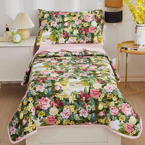 Brandream Toddler Bedding Sets for Girls Cotton Bed in A Bag Garden Floral Comforter Set Pink Grid Toddler Children Sheet Set, 4 Pieces