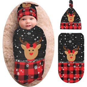 Christmas Baby Stuff Deer Newborn Swaddle Blankets Beanie Hat Sets, Black and Red Check Plaid Snowflake Baby Blanket Swaddle Sack for Baby Shower Infant Boy and Girl