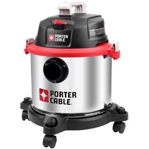 Porter-Cable Wet/Dry Vacuum 5 Gallon 4HP Stainless Steel Light Weight Portable, 3 in 1 Function with Attachments, Silver+Red, Model: PCX18406-5B