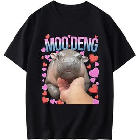 Moo Deng I Love You Shirt Cute Baby Hippo Graphic Print Tee Apparel Casual Crew Neck Short Sleeve T-Shirt