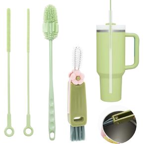 4Pcs Green Silicone Straw Brush and Cup Lid Cleaning Brush Reusable Bendable Long Handle Bottle Straw Cleaner Cup Cleaning Brush Kit for Tumbler Glass Accessories