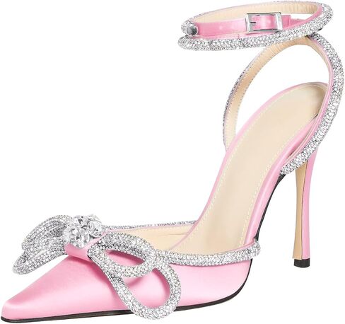 MIRAAZZURRA Women High Heeled Sandals Satin Sparkly Rhinestone Double Bow Sandals Pointy Toe Stiletto in Saudi Arabia