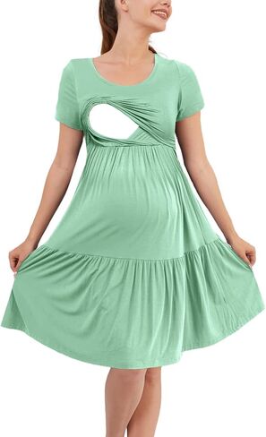 PARNIXS Women's Summer Nursing Dress Short Sleeve Maternity Knee Length Breastfeeding Dress in Kuwait